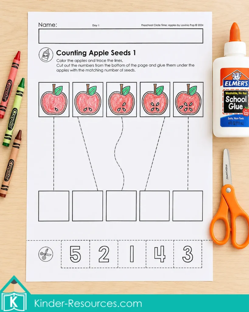 Counting apple seeds worksheet for preschool and kindergarten with one to five seeds, tracing paths and matching number pieces.