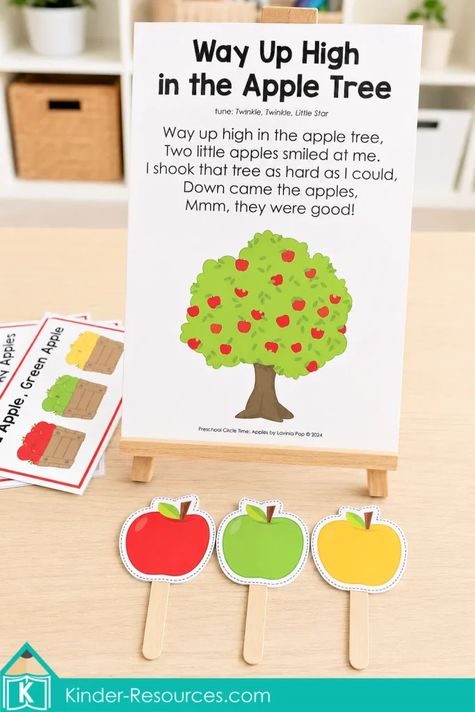 Way Up High in the Apple Tree song printable with red, green and yellow apple props for preschool circle time.