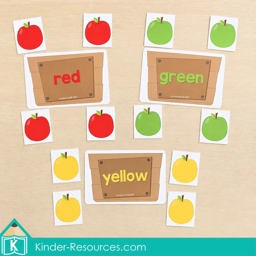Children sort red, green and yellow apple cards onto matching color crates in this preschool apple color activity.
