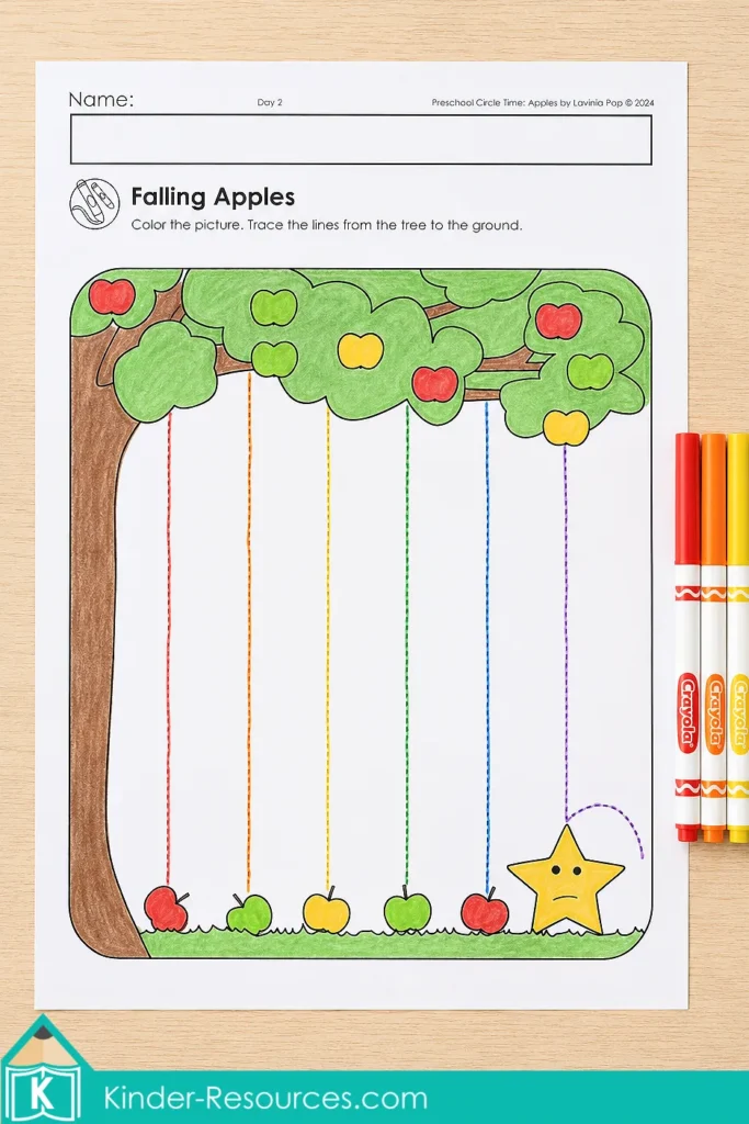 Falling Apples tracing worksheet for preschool with colored paths from apples in the tree to apples on the ground.
