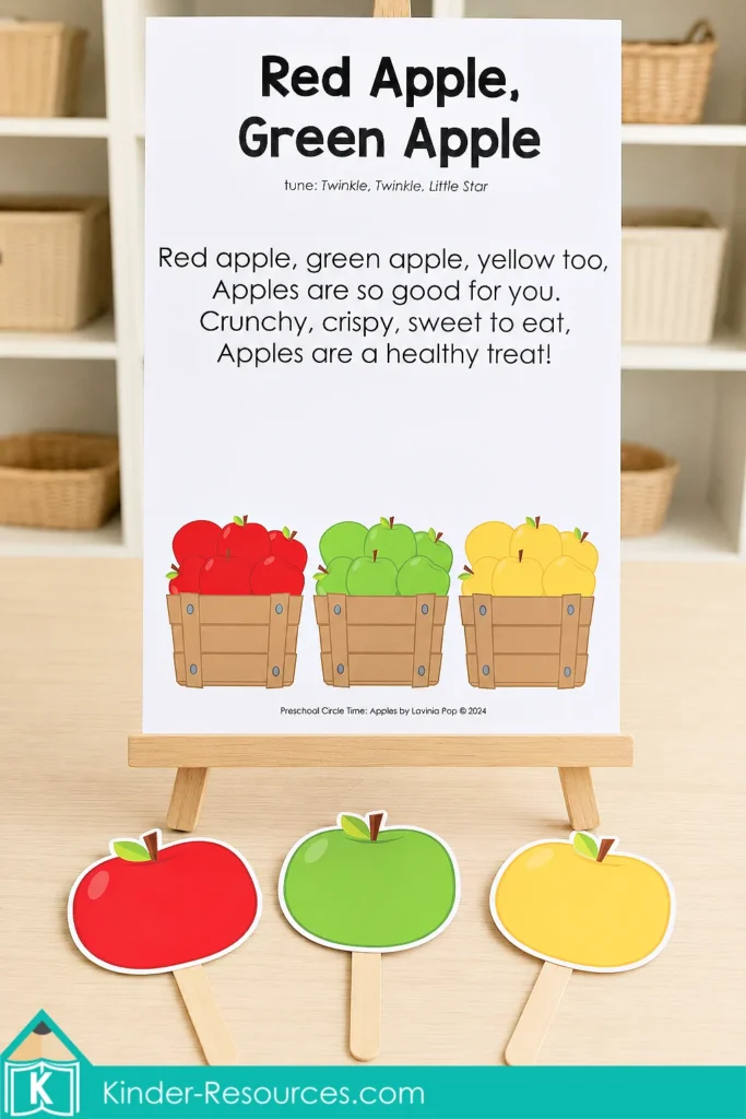 Red Apple, Green Apple circle time song with red, green and yellow apple props for preschool and kindergarten.