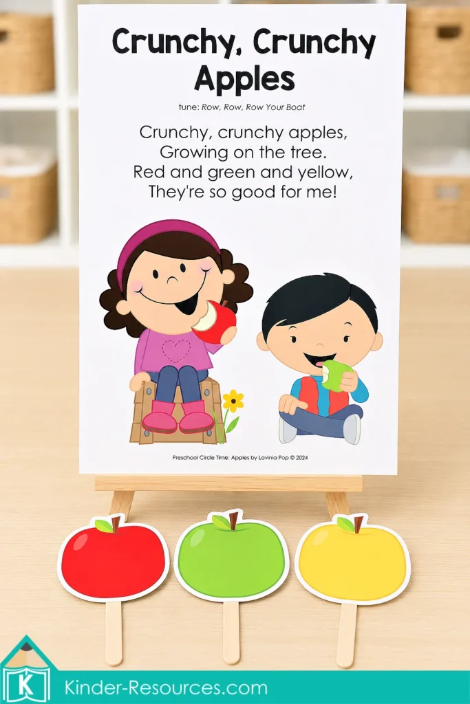 Crunchy, Crunchy Apples circle time song with children eating red and green apples and matching apple color props.