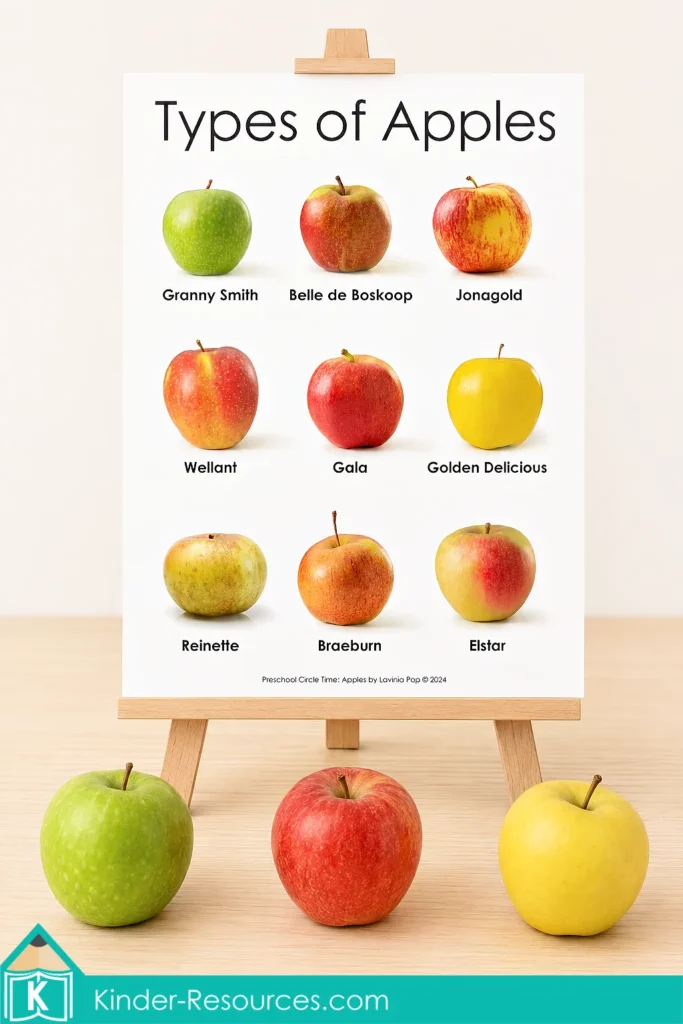 Types of Apples poster showing nine labeled apple varieties for preschool and kindergarten apple theme science.