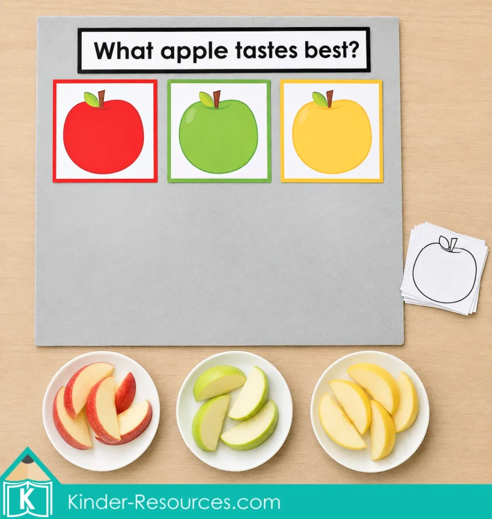 Apple taste test graphing activity where preschool children taste red, green and yellow apples and vote for the best flavor.