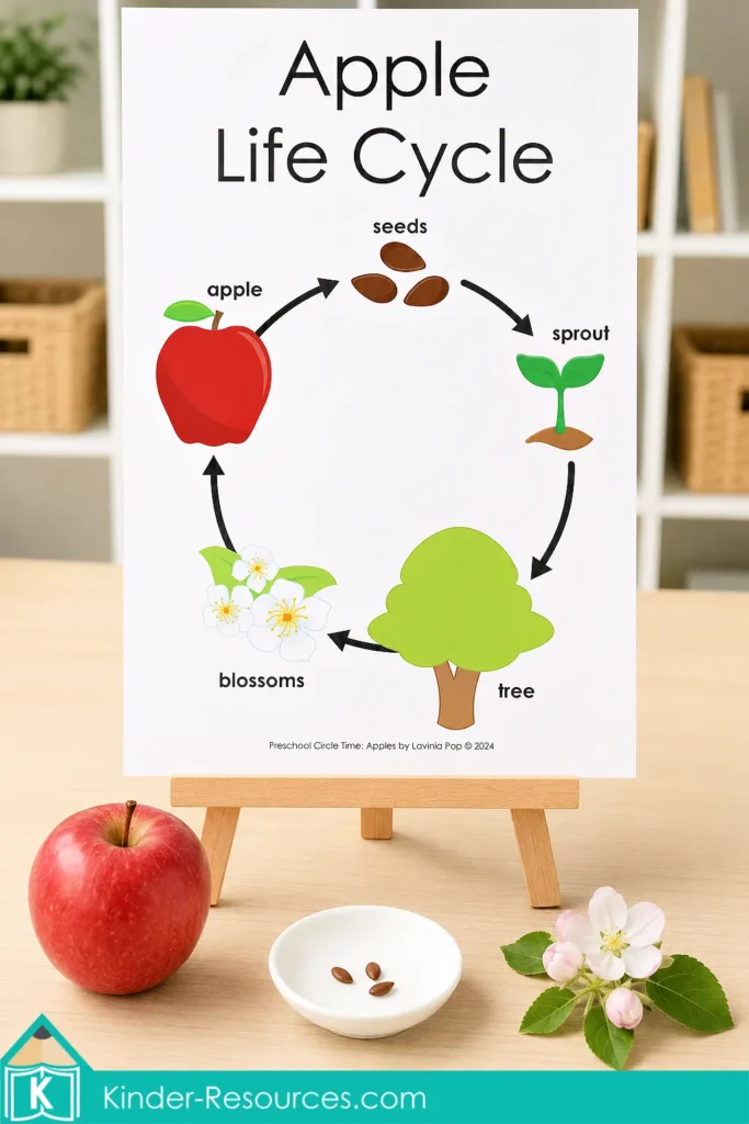 Apple life cycle poster showing the stages from apple and seeds to sprout, tree and blossoms.