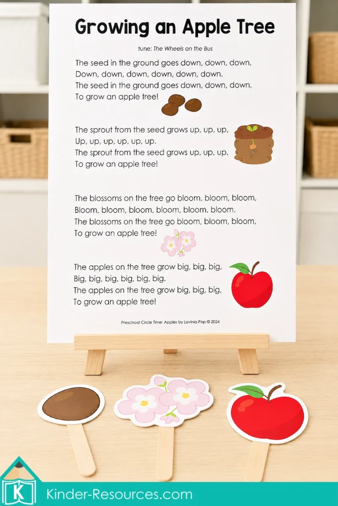 Growing an Apple Tree song for preschool about seeds, sprouts, blossoms and apples with matching circle time props.