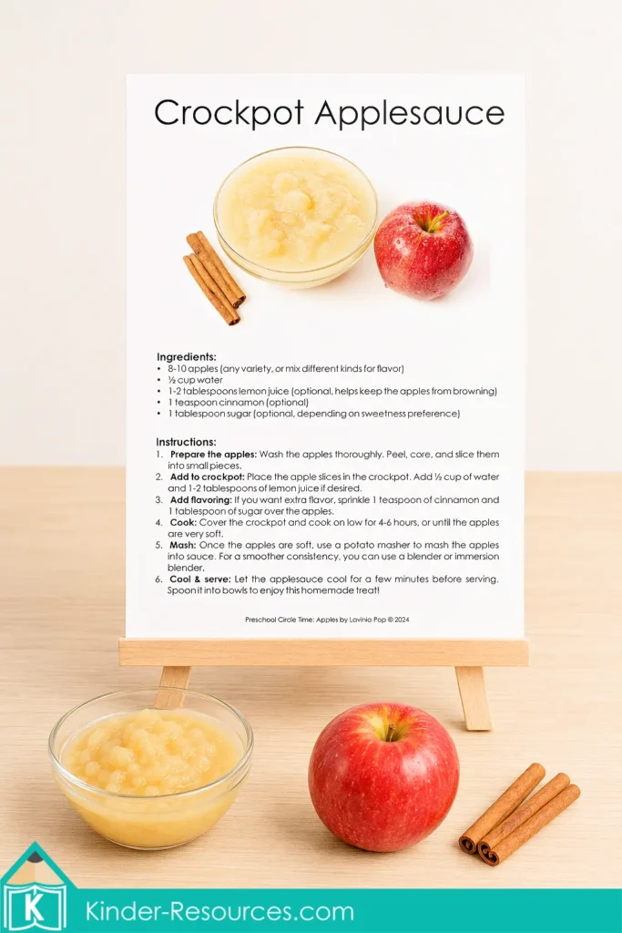 Crockpot applesauce recipe printable for a preschool apple theme with apples, cinnamon and simple cooking instructions.