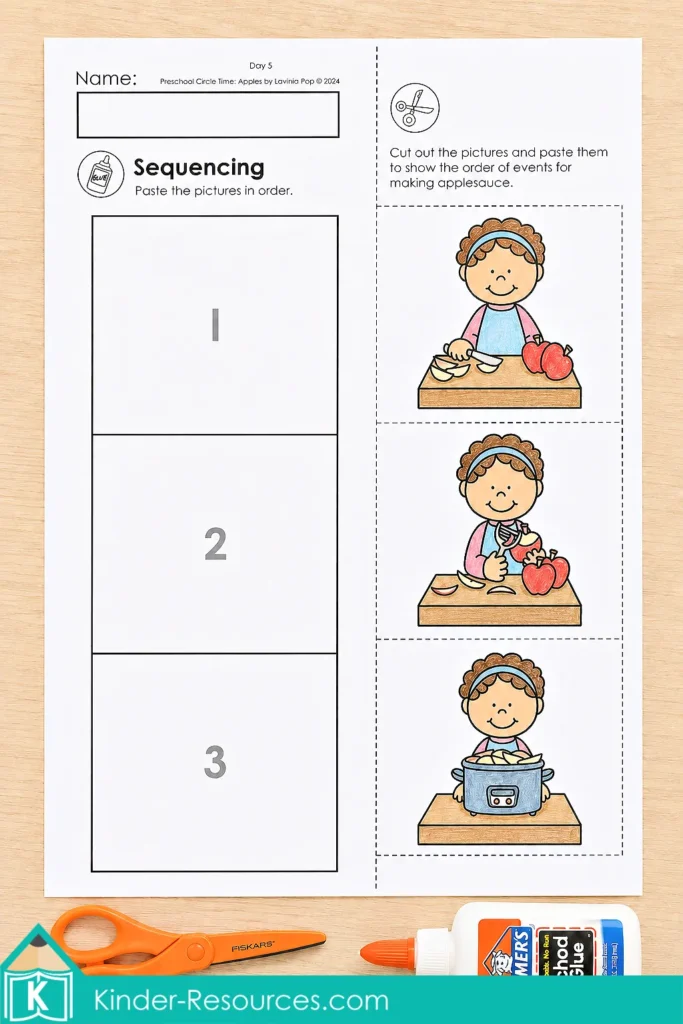 Applesauce sequencing cut-and-paste worksheet for preschool and kindergarten showing cutting apples, peeling apples and cooking them in a crockpot.