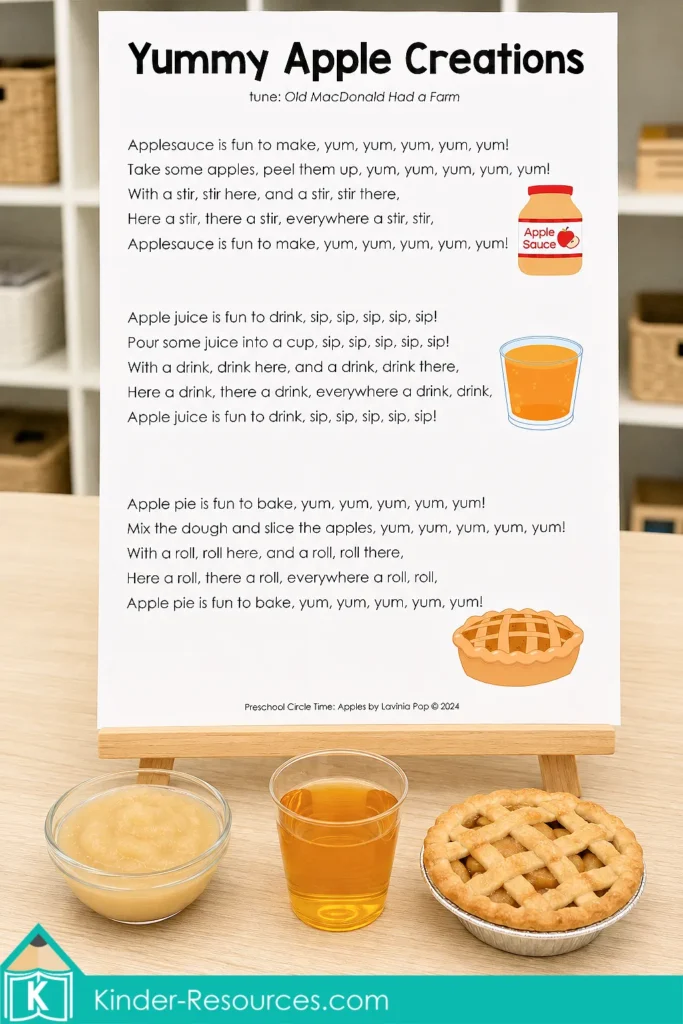Yummy Apple Creations circle time song for preschool and kindergarten about making applesauce, drinking apple juice and baking apple pie.
