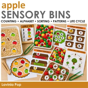 Exploring apple sensory bin activities for preschool including counting recipes, alphabet matching, number sense, sorting, patterns, and the apple tree life cycle.