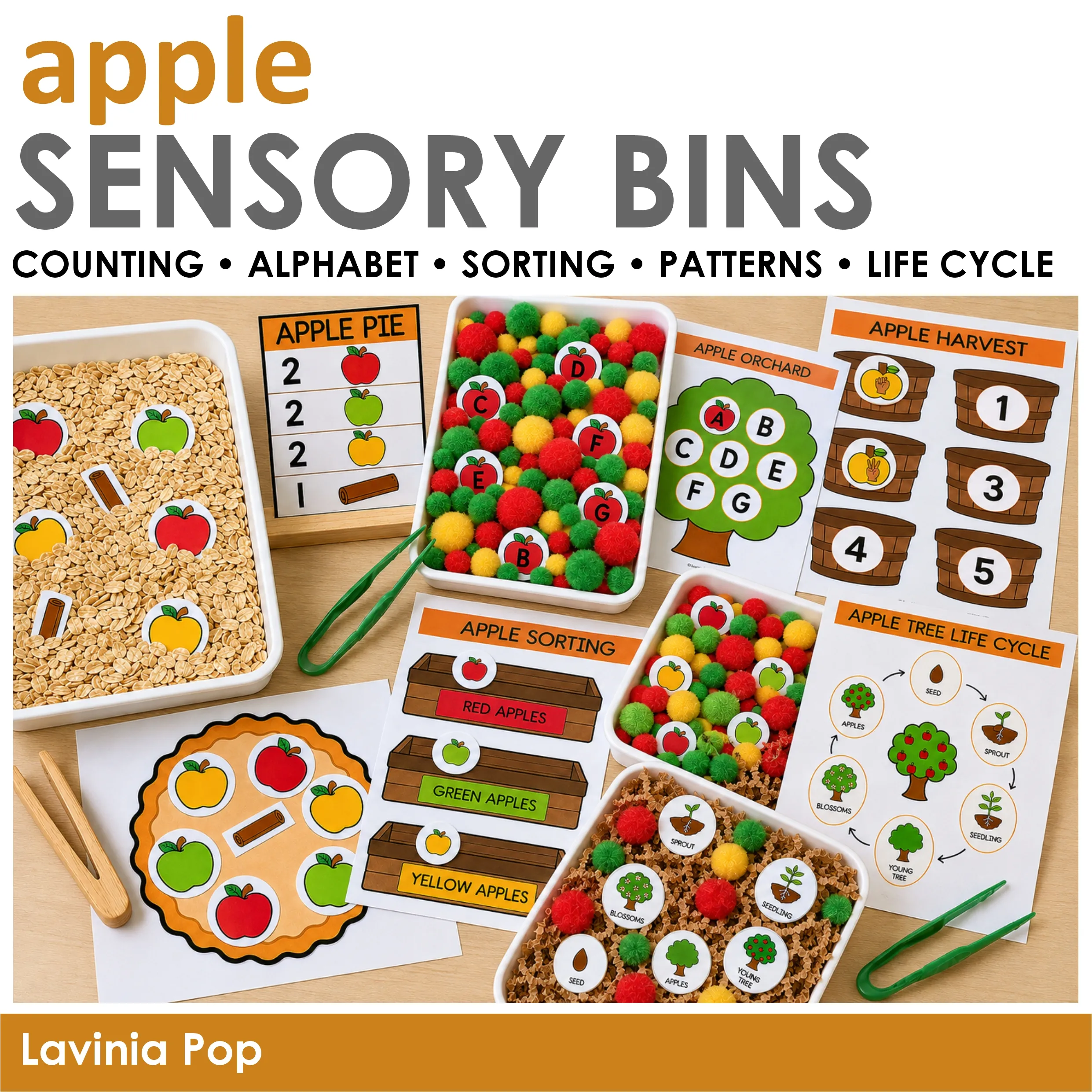 Exploring apple sensory bin activities for preschool including counting recipes, alphabet matching, number sense, sorting, patterns, and the apple tree life cycle.