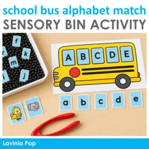 Matching uppercase and lowercase letters with a printable school bus alphabet mat, letter cards, beginning-sound pictures, and red tongs.