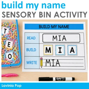 Editable name sensory bin activity showing a Build My Name mat, alphabet tiles in colorful filler, pink tongs, and a dry-erase marker.