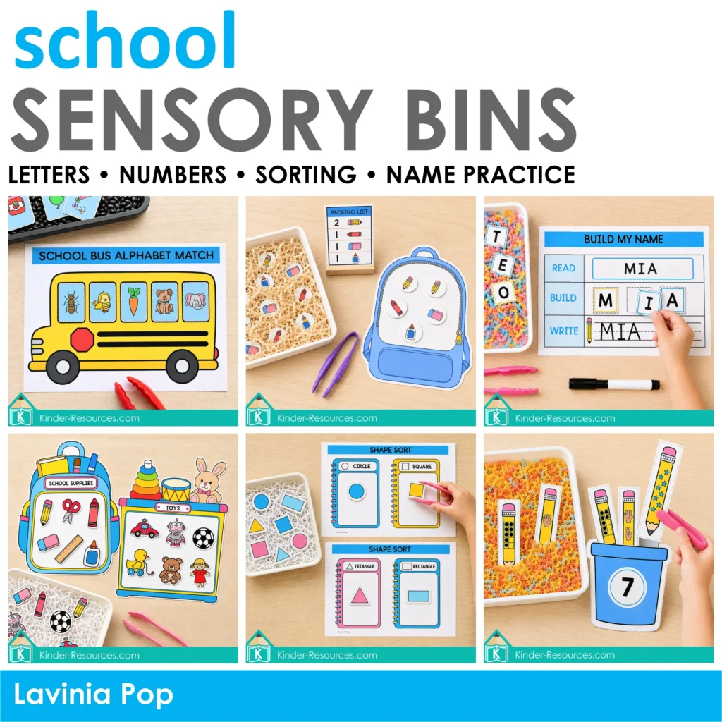 Back to school sensory bin activities for preschool covering letters, numbers, sorting, shapes and name practice.