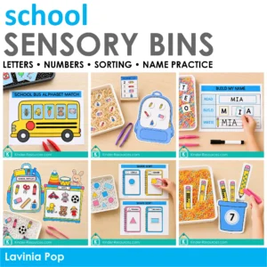 Back to school sensory bin activities for preschool covering letters, numbers, sorting, shapes and name practice.