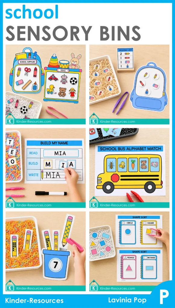 Back to school sensory bin activities for preschool covering letters, numbers, sorting, shapes and name practice.