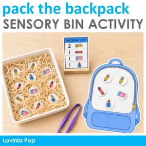 Back-to-school sensory bin activity in which preschool and kindergarten children use a packing list to count school supplies and place them on a backpack mat.