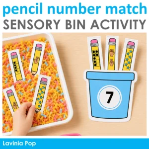 Child finds a pencil showing seven stars and matches it to a number 7 pencil cup beside a colorful sensory bin.