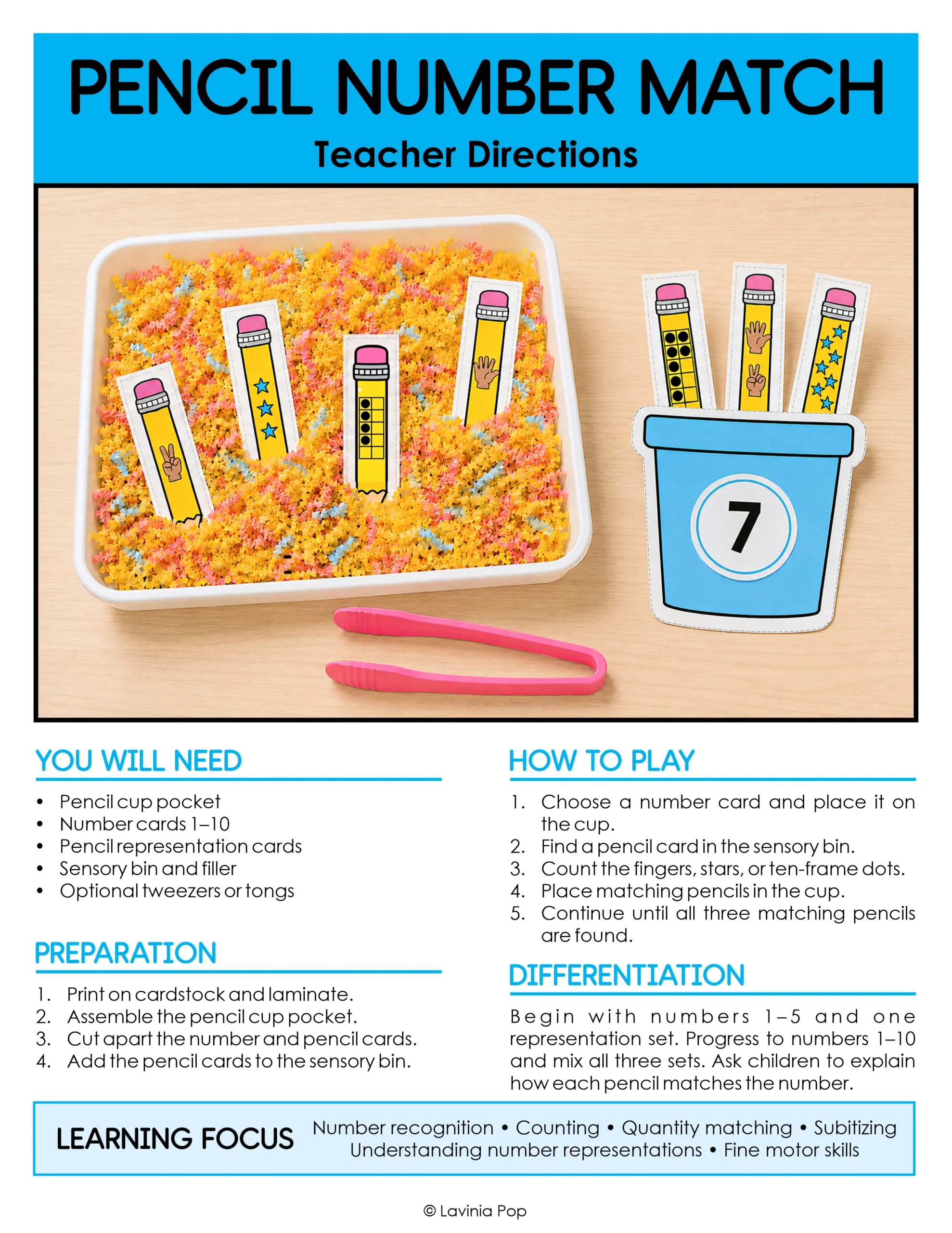 Teacher directions page showing the sensory bin setup, materials, preparation, differentiation and learning goals for Pencil Number Match.