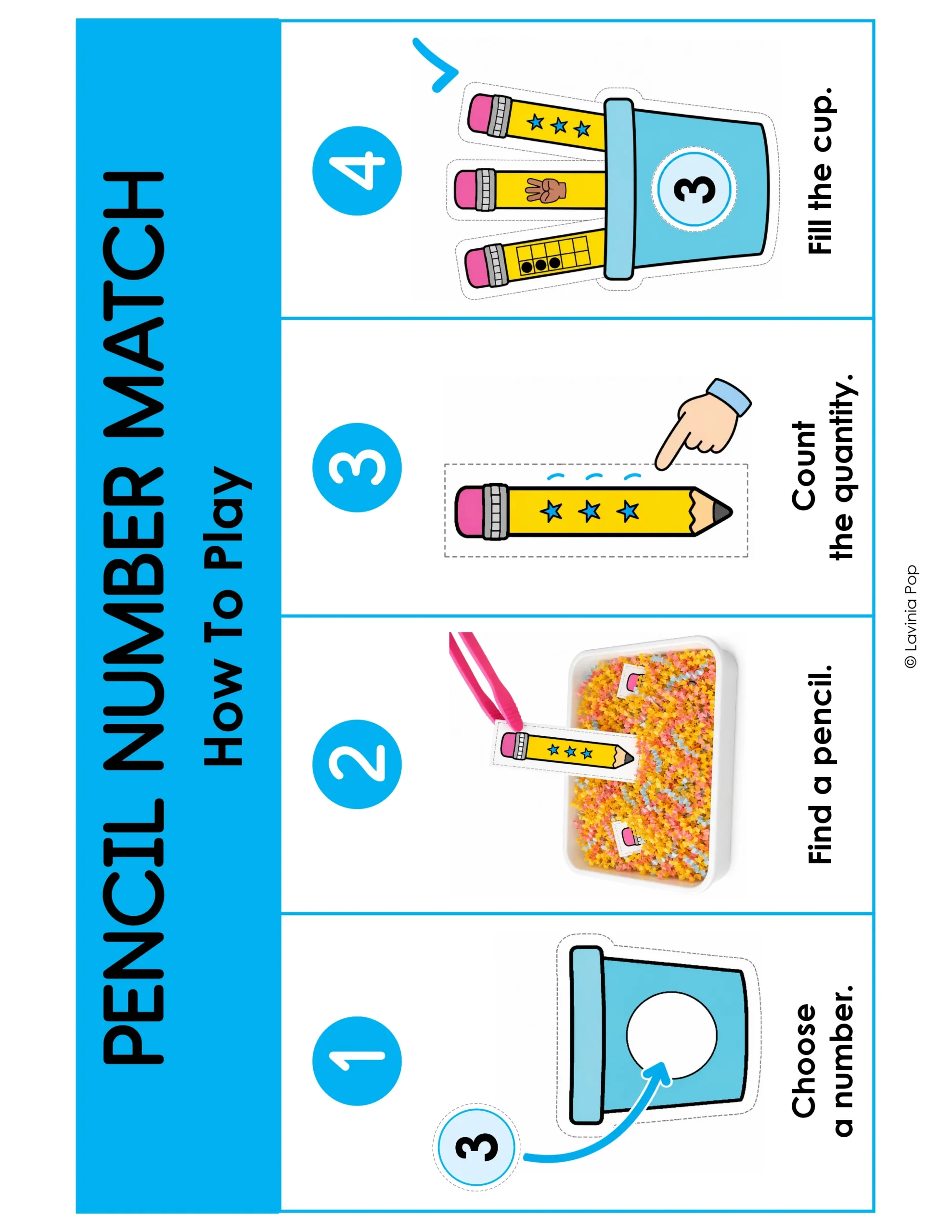 Four illustrated steps show choosing a number, finding a pencil card, counting the quantity and placing the matching pencils in the cup.