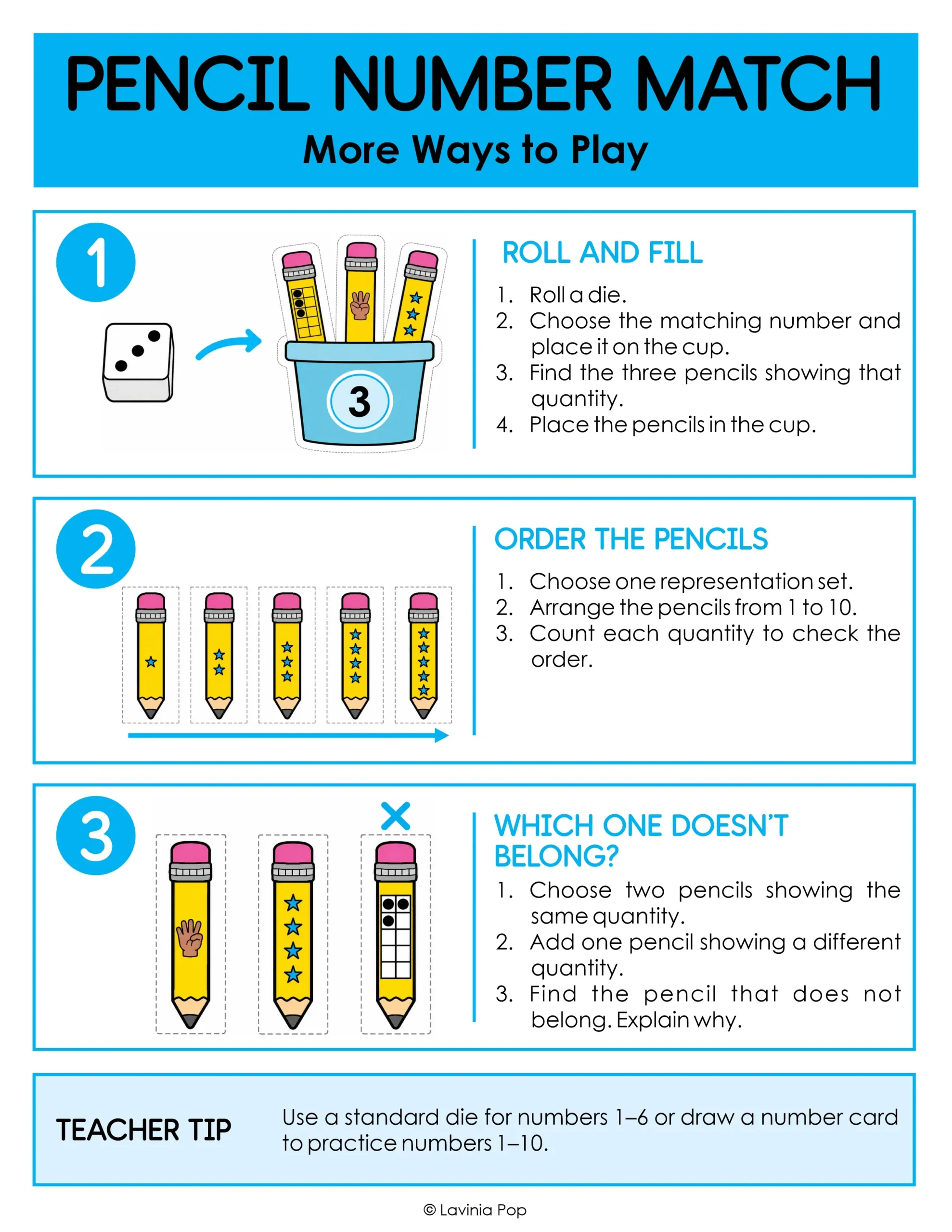 Extension page showing Roll and Fill, Order the Pencils and Which One Doesn’t Belong activities for practicing numbers 1–10.