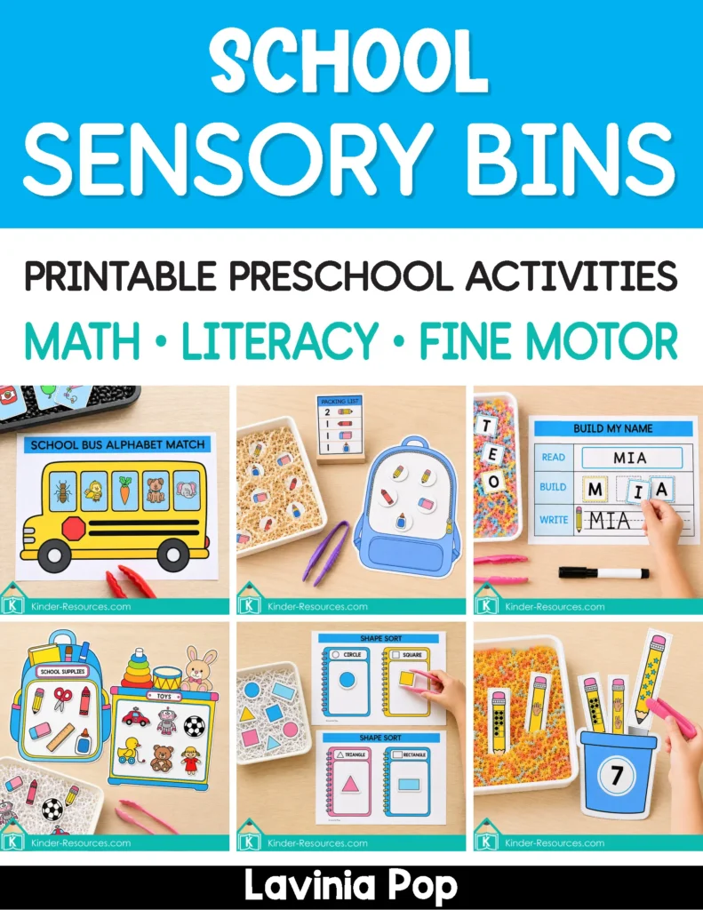 Printable school sensory bin activities featuring alphabet matching, counting, sorting, name practice and fine motor learning.