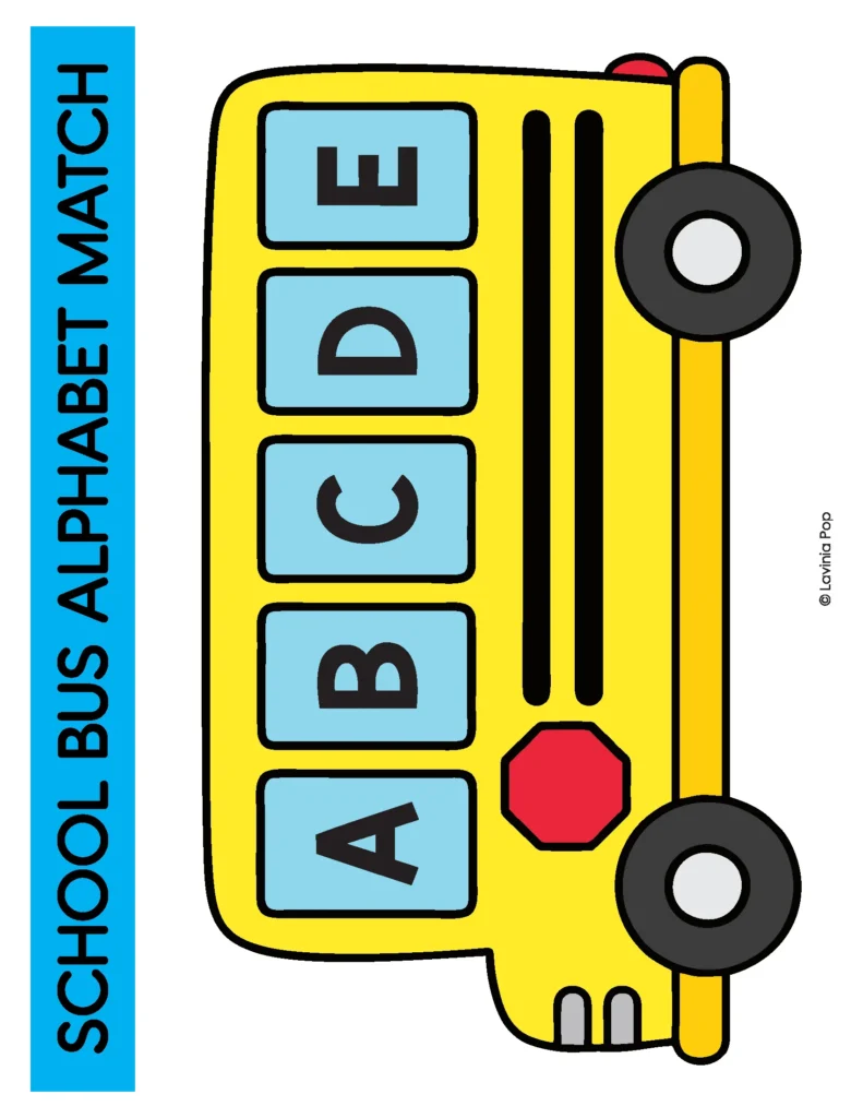 Matching uppercase letters A–E on a printable yellow school bus mat for a preschool alphabet sensory bin activity.