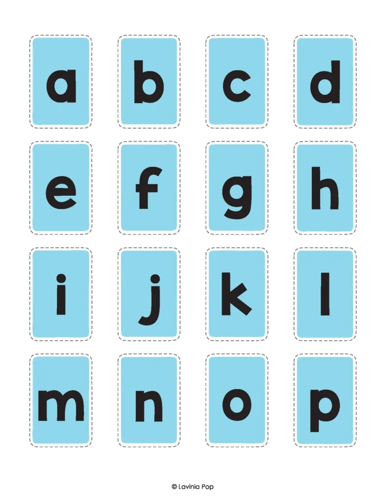 Matching lowercase letters a–p with printable blue school bus window cards for preschool alphabet and sensory bin activities.