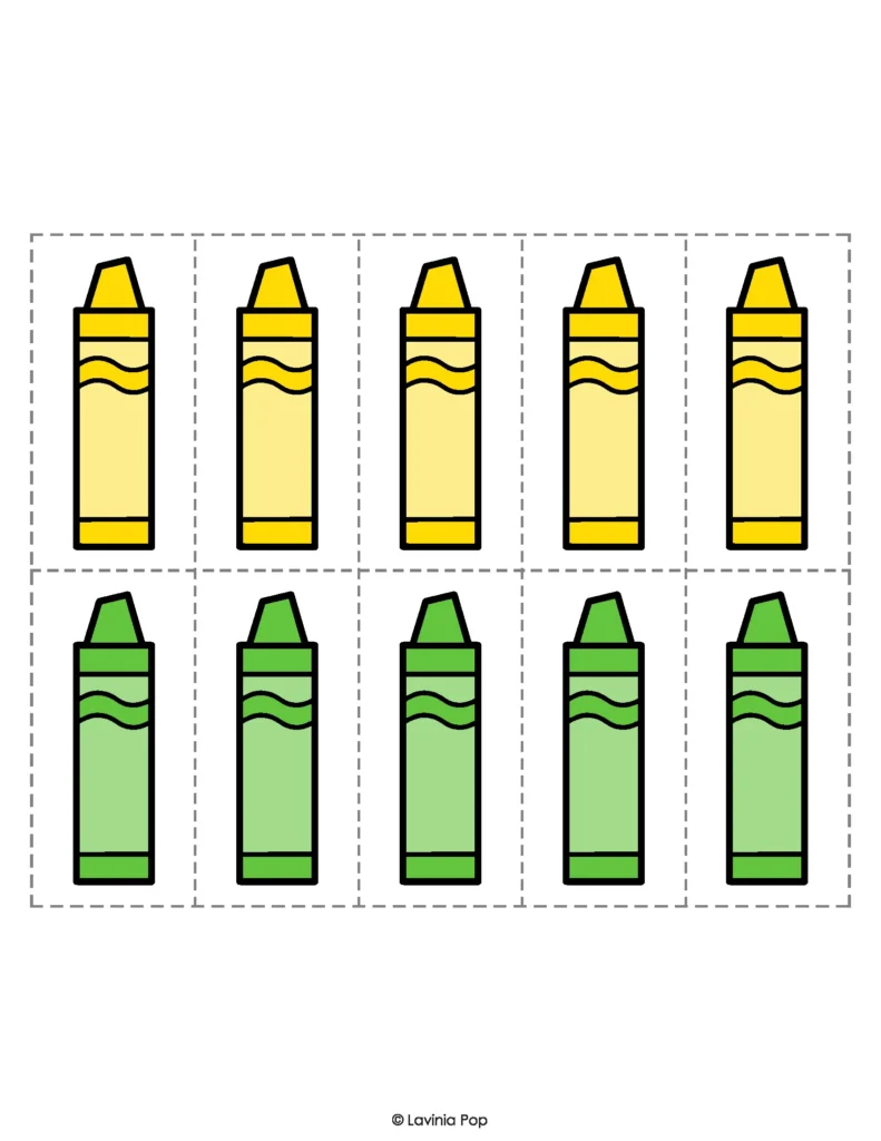 Sorting printable yellow and green crayon cards with dashed cutting lines during a preschool color sorting sensory bin activity.