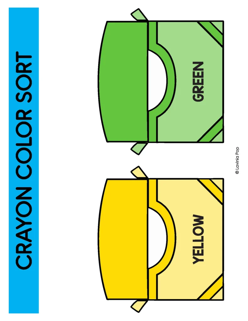 Sorting crayons by color using printable yellow and green crayon box mats for a preschool sensory bin activity.