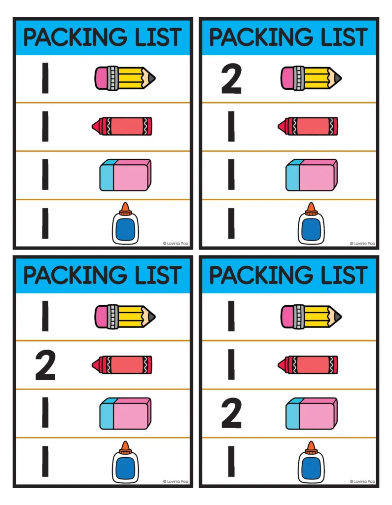 Counting pencils, crayons, erasers and glue using four printable packing list cards for the Pack the Backpack sensory bin activity.