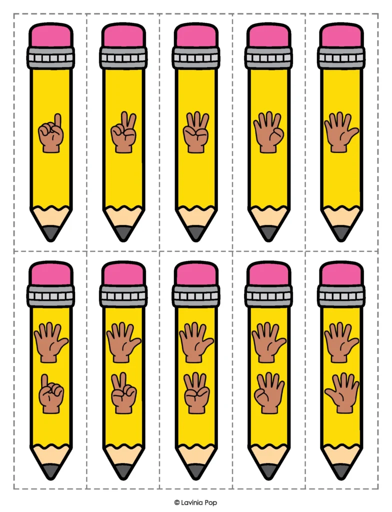 Matching numbers 1–10 using printable yellow pencil cards with finger representations and dashed cutting lines.