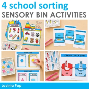 Four school sorting sensory bin activities that build color recognition, length comparison, categorization and shape recognition.