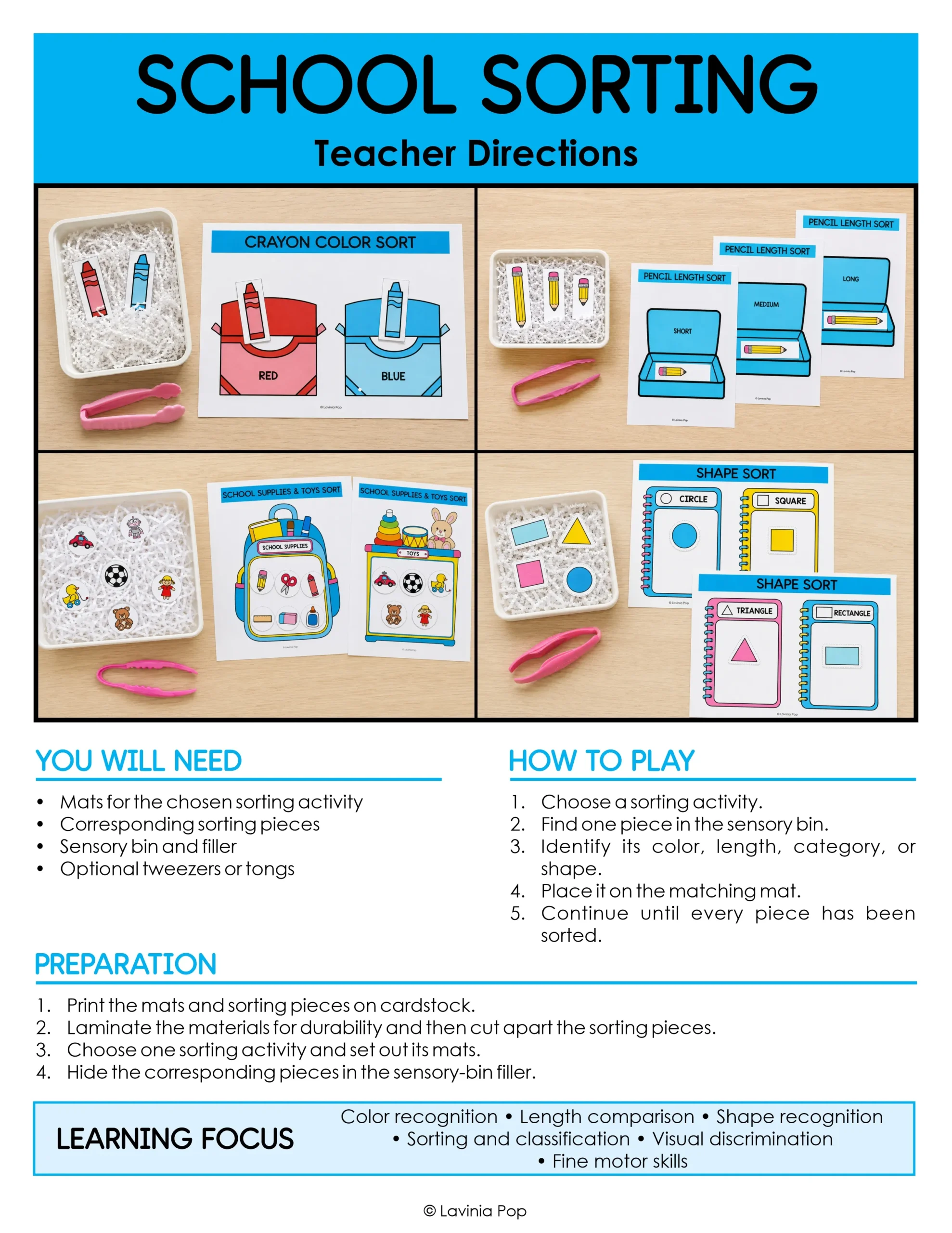 Printable school sorting sensory bin activities using the teacher directions for colors, pencil lengths, school supplies, toys and shapes.