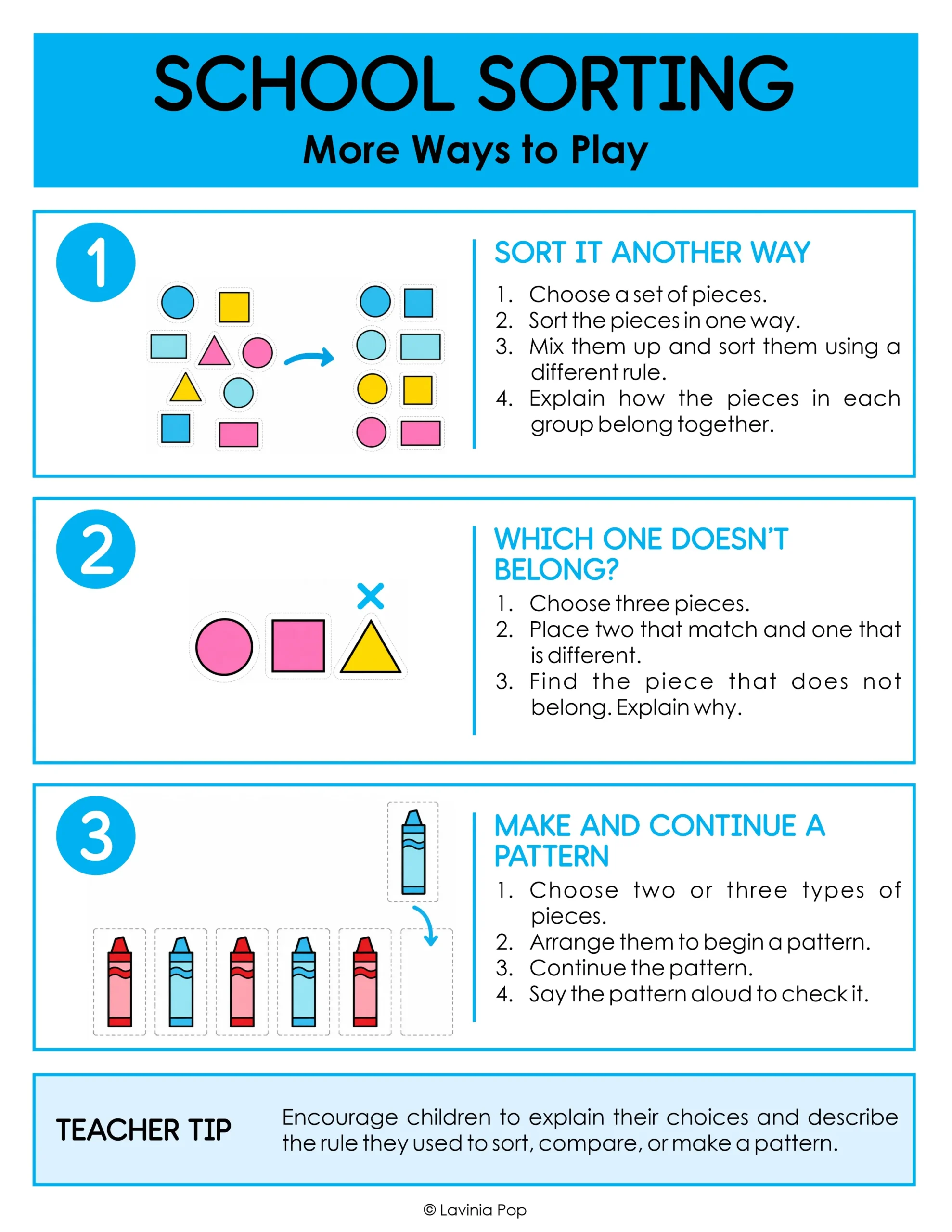 Preschool sorting practice by sorting another way, finding which item does not belong and making and continuing patterns.