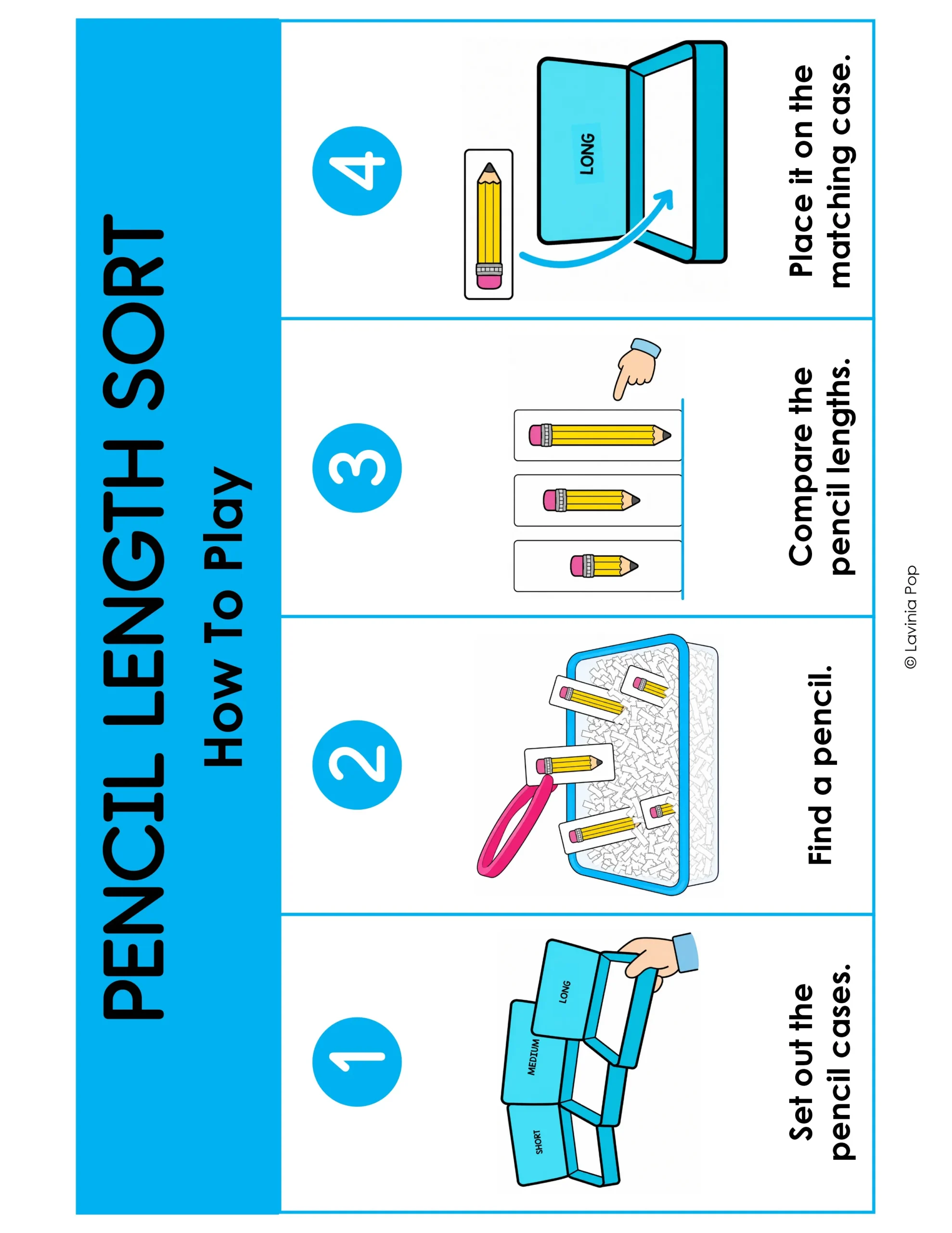 Comparing short, medium and long pencil cards and sorting them onto the matching pencil box mats.