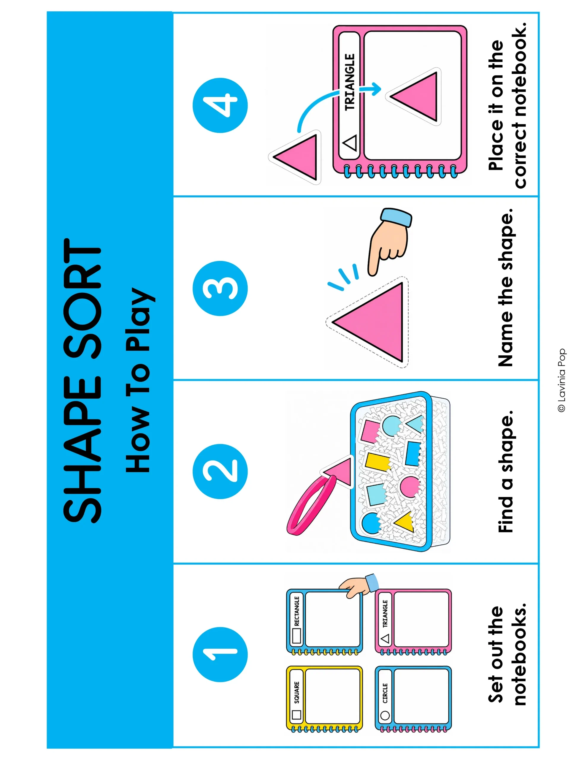 Sorting circles, squares, triangles and rectangles onto matching notebook mats to practice shape recognition.
