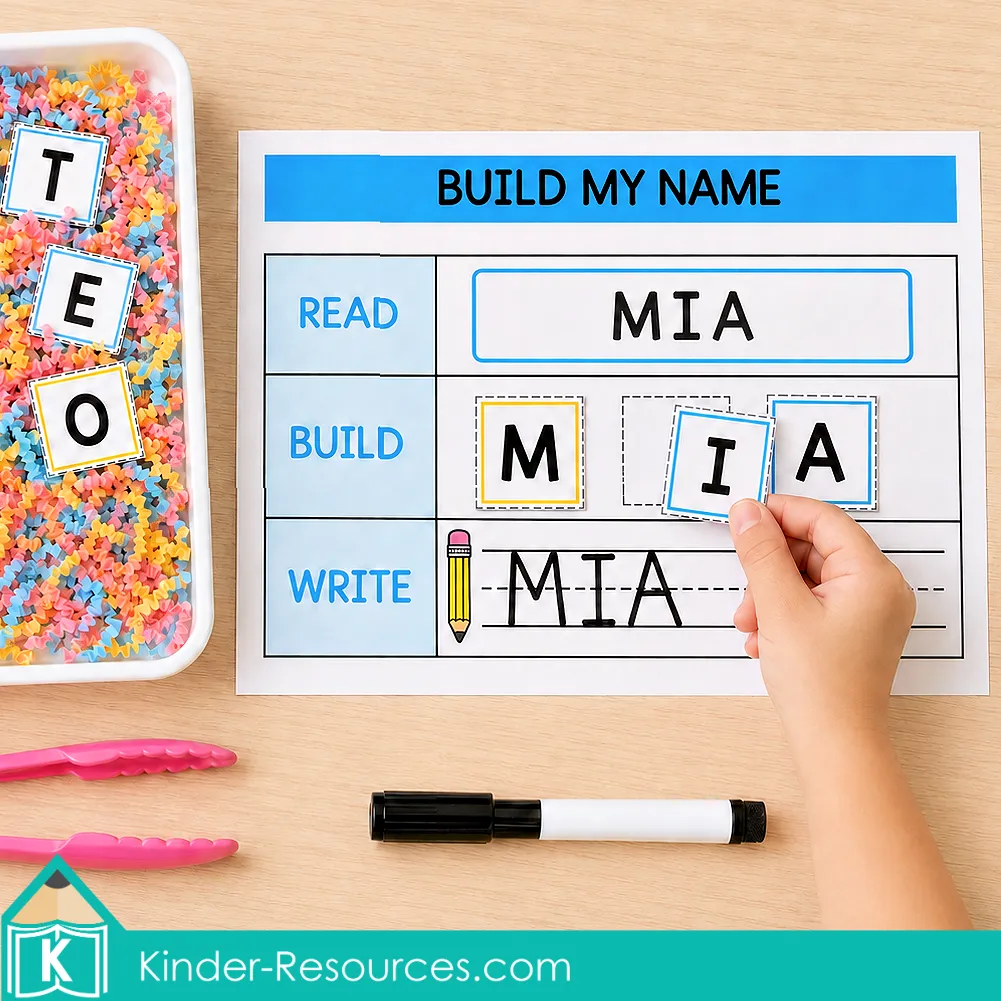Letter Tiles Reading, building and writing the name MIA with uppercase letter tiles in a back-to-school sensory bin activity.