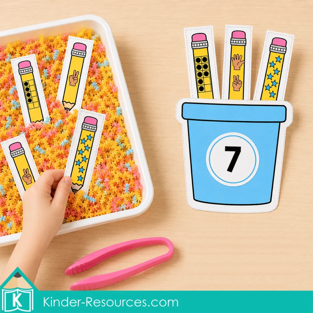 Counting and matching ten-frame dots, fingers and stars representing the number 7 in a preschool math sensory bin activity.