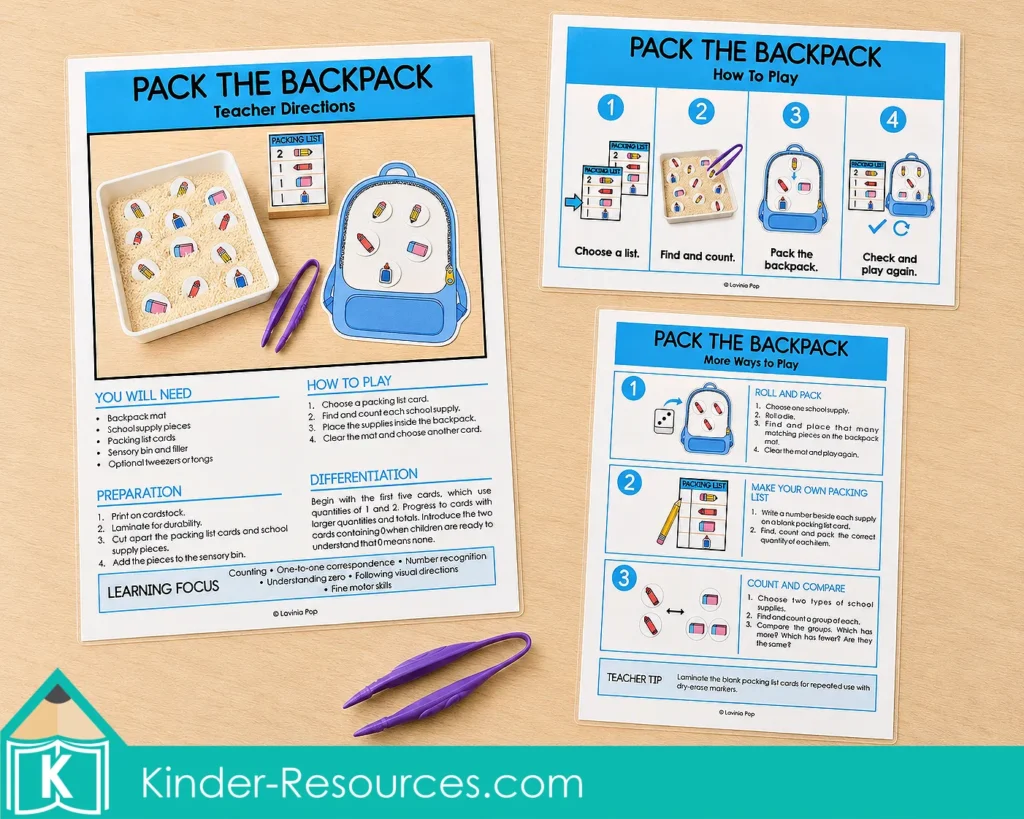 Using laminated Pack the Backpack printable teacher directions, a four-step visual guide and three additional counting activities with purple fine motor tongs.