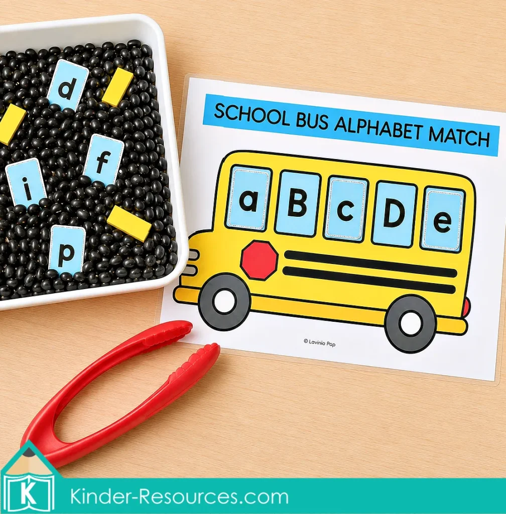 Matching lowercase letters a–e to a printable school bus alphabet mat during a preschool literacy sensory bin activity.