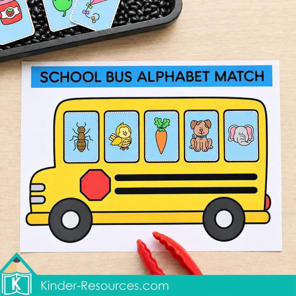 Matching ant, bird, carrot, dog and elephant picture cards to letters A–E on a school bus beginning-sounds mat.