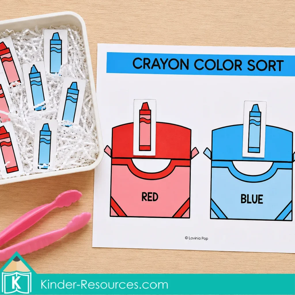 Sorting red and blue printable crayon cards into matching crayon boxes during a preschool color-sorting sensory bin activity.