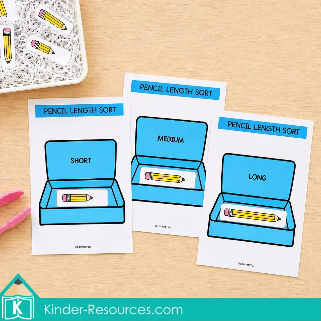 Sorting printable pencil cards onto short, medium and long pencil-case mats in a preschool measurement activity.