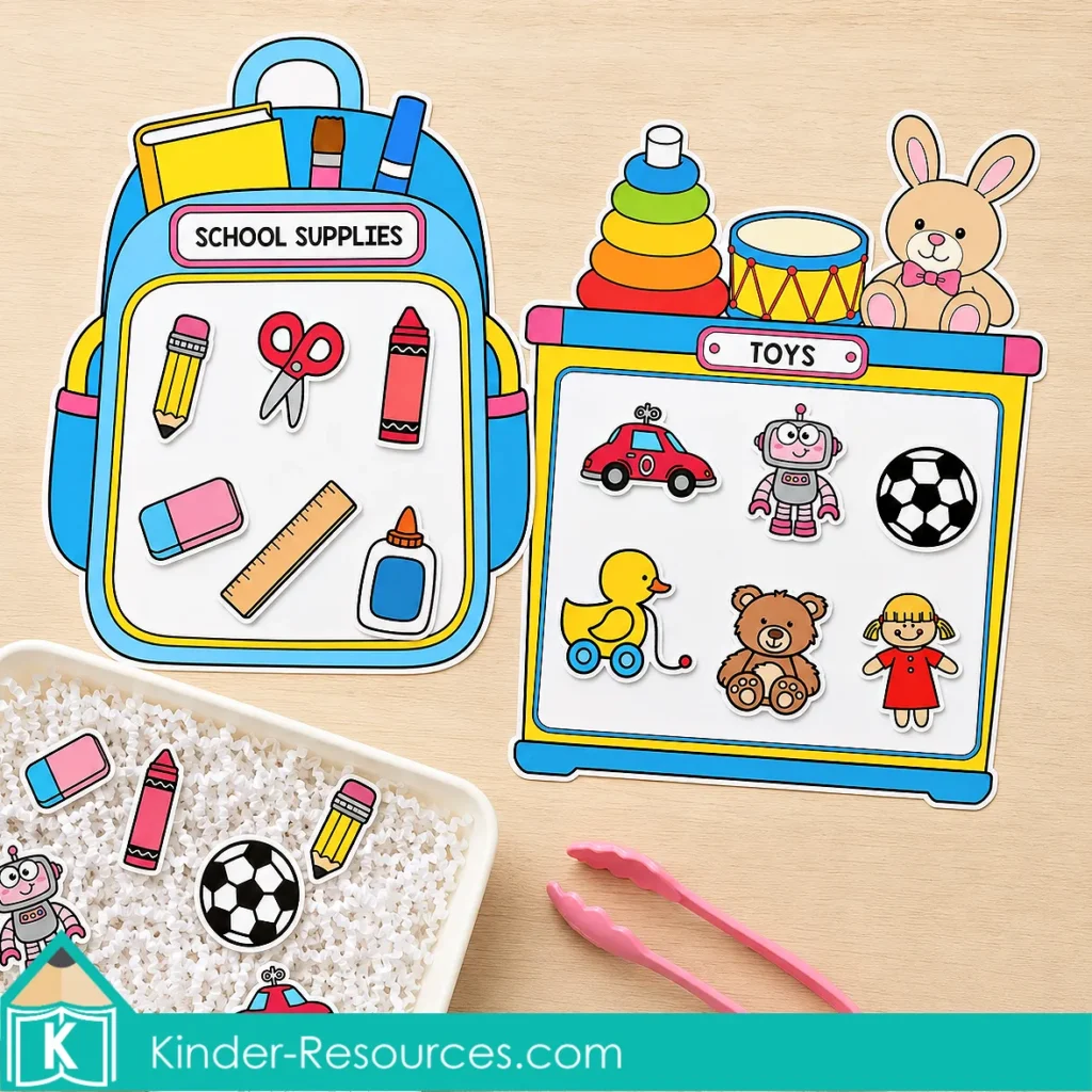 Classifying printable pictures into school supplies and toys using sorting mats and a preschool sensory bin.
