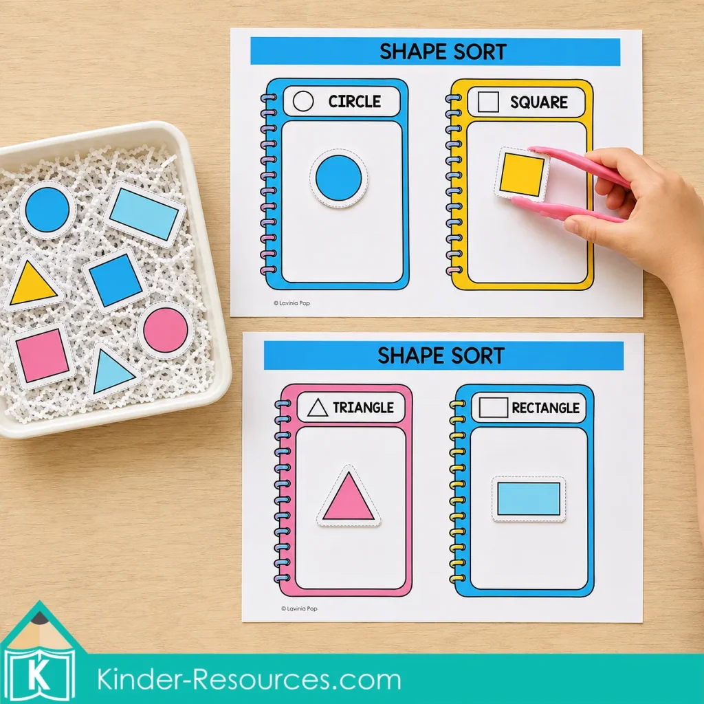 Sorting circle, square, triangle and rectangle cards onto printable shape mats using child-safe tongs in a preschool sensory bin activity.