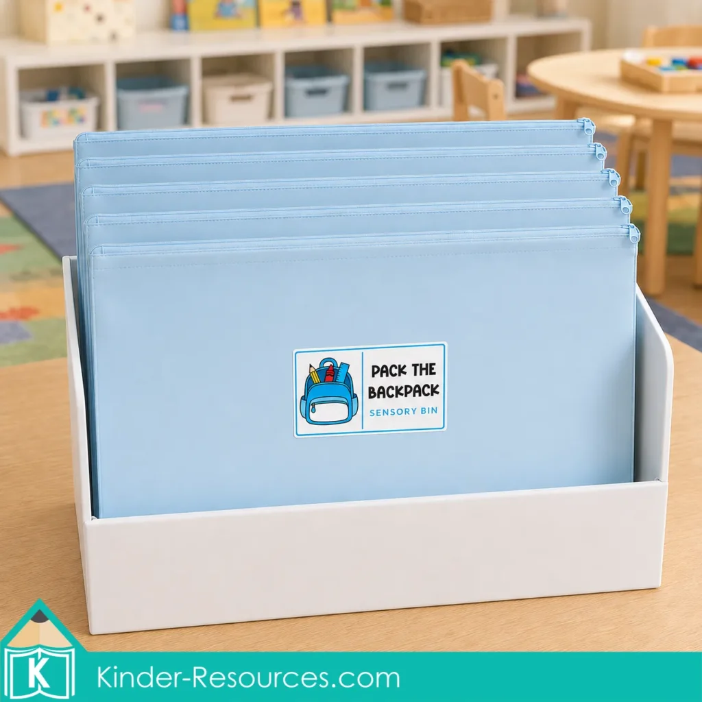 Storing printable back-to-school sensory bin activities in pale blue zipper pouches inside a classroom file organizer.