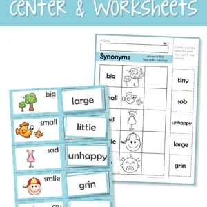 Synonyms Center and Worksheets cover with picture matching mats, synonym word cards, and cut and paste activities.