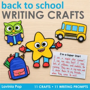 Back to school writing crafts featuring an owl, star, school bus, backpack, and completed Super Star writing response.