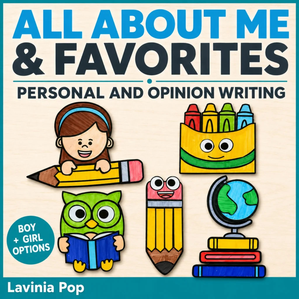 Personal and opinion writing crafts with All About Me, crayon box, owl, pencil, and favorite subject projects.